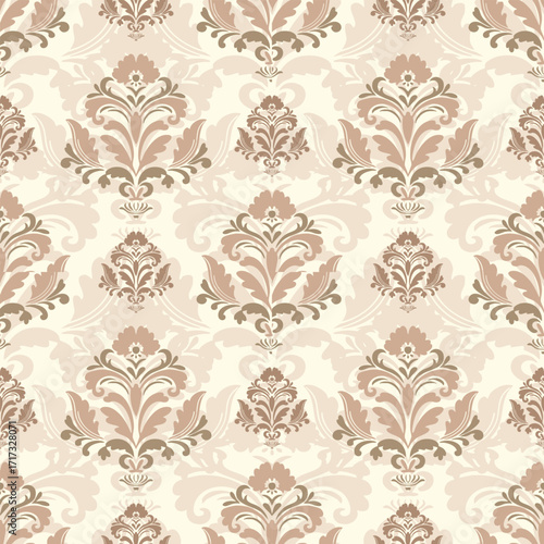 A luxurious and classic vector seamless pattern with vintage damask motifs on a soft, light background. This ornate and elegant design is perfect for various applications such as wallpaper, textile