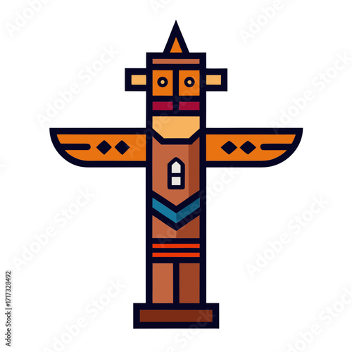 Stylized totem pole with geometric patterns and bright colors