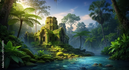 Ancient Jungle Ruins Emerging from Lush Tropical Forest Mist