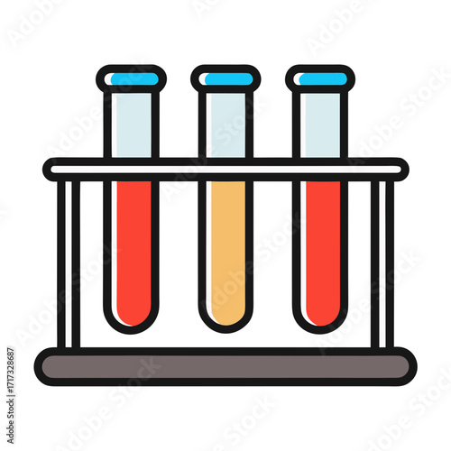 Three colorful test tubes in a laboratory rack for scientific experiments
