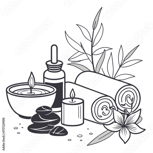 Vector illustration of spa essentials — candles, massage stones, aroma oils, rolled towel — minimal elegant flat design.
