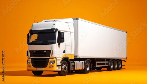 Tractor trailer truck on vibrant orange studio background banner with copy space