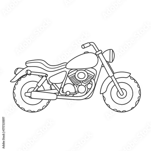 Outlined illustration of a classic motorcycle, showcasing its engine, wheels, and handlebars.