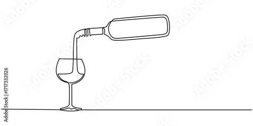 Continuous line drawing of wine being poured from a bottle into a glass, Wine bottle and wine glass drawing with one continuous line, Continuous line one drawing of wine bottle with wineglass, 