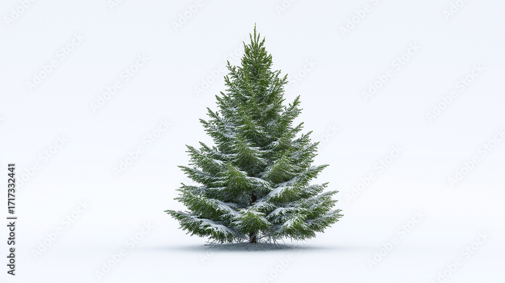 Fototapeta premium A lush evergreen tree adorned with snow, showcasing winter's tranquil beauty on a bright day Generative AI