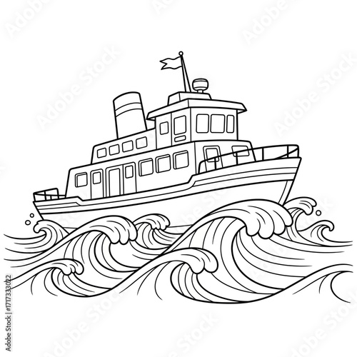 A black and white illustration of a steamship navigating choppy waters.