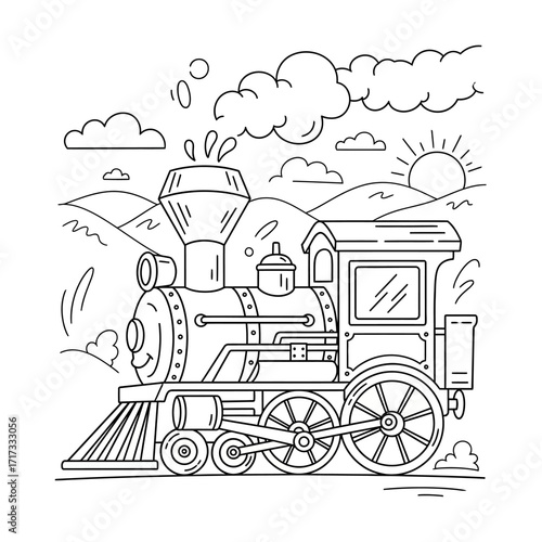 A classic steam locomotive chugs through a scenic landscape, emitting steam under a bright sun.