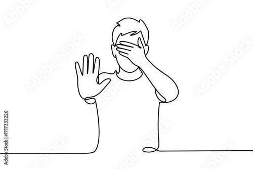 Man covering face with hand and holding up other hand in stop gesture