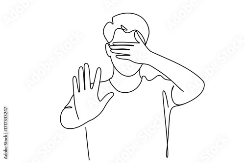 Man covering eyes and holding up hand in gesture of stop or refusal