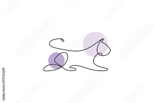 Minimalist single line drawing of a lion with purple accent circles