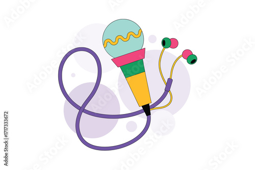 Colorful cartoon microphone with cord and earbuds for singing and music