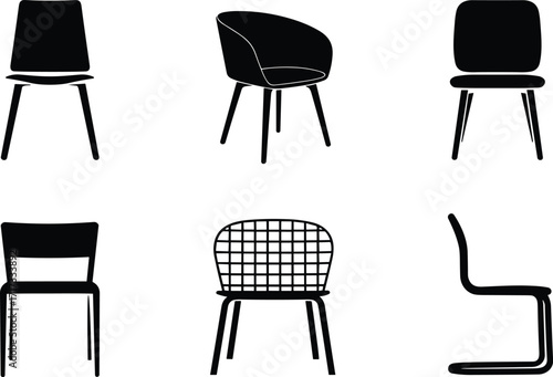 Black Silhouette Icons Of Various Modern Chairs On White Background furniture interior