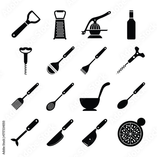 Minimal Vector Silhouette Icons of Kitchen Tools  Knife, Pizza Cutter, Peeler, Grater, Ladle & Spoon for Menu Design, Food App UI, Cooking Sites & Packaging