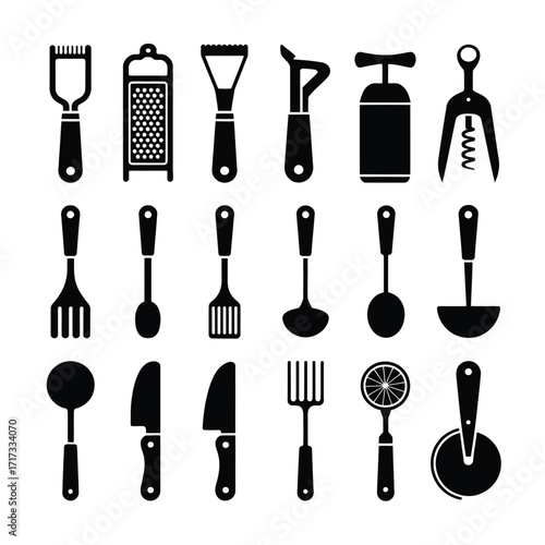 Minimal Vector Silhouette Icons of Kitchen Tools  Knife, Pizza Cutter, Peeler, Grater, Ladle & Spoon for Menu Design, Food App UI, Cooking Sites & Packaging