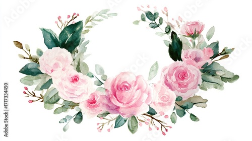 Delicate watercolor floral wreath featuring pink roses, softly illuminated with elegant composition.