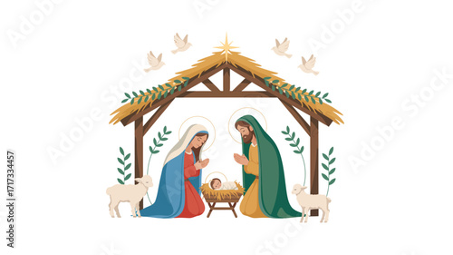 Nativity scene with mary joseph and baby jesus in stable