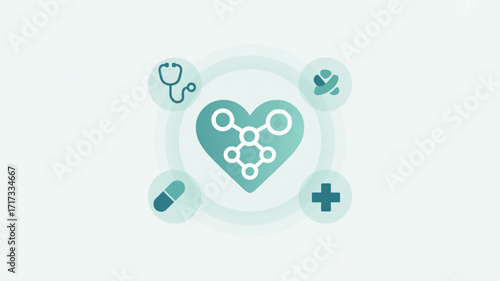 Healthcare technology innovation heart with medical icons for digital health solutions and services