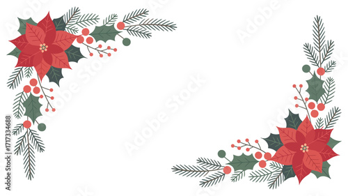 Christmas corner decorations with poinsettias and pine branches