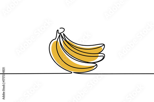 Simple yellow bananas bunch drawn with continuous line art