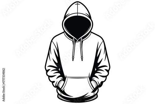 Anonymous figure wearing a hooded sweatshirt with dark face
