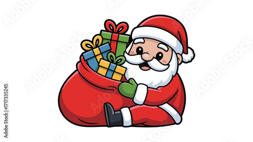 Cute cartoon santa claus holding a bag full of colorful christmas presents