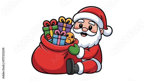Happy santa claus holding a large sack full of colorful christmas presents