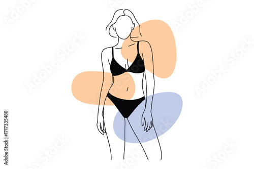 Minimalist line art of a woman in a bikini with abstract color blocks