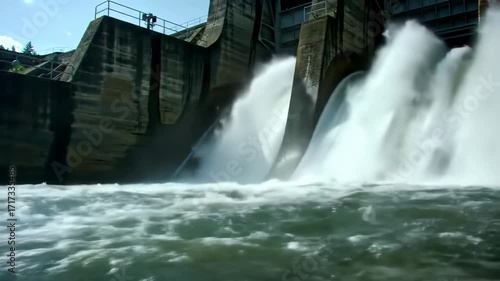 Powerful waterfall flowing from dam, water energy resource with nature and infrastructure in summer day. Water, dam, flowing, waterfall, energy, infrastructure, nature.