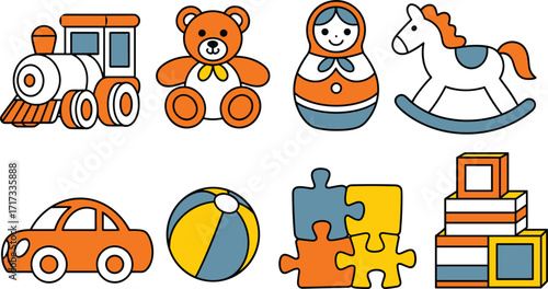 Colorful Cartoon Style Collection of Children's Toys kids play