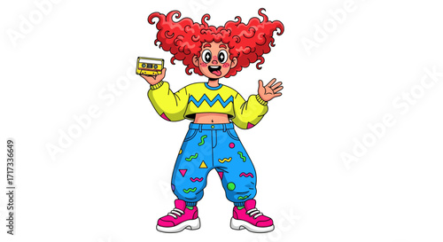 A woman in 90s fashion with retro cassette tape enjoying music, playful and fun