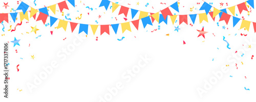 Colorful triangle flag garland bunting red, blue and yellow decorative party birthday celebration banner, carnival or fun fair event