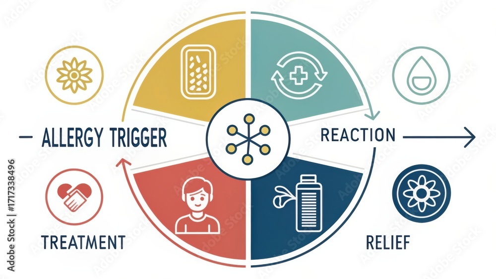 Fototapeta premium Understanding Allergy Triggers, Reactions, Treatments, and Relief in a Visual Infographic for Educational Purposes