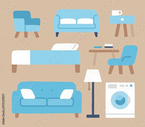 A minimalist collection of modern home furniture and household appliances, flat vector illustration set for interior design and comfortable living concepts
