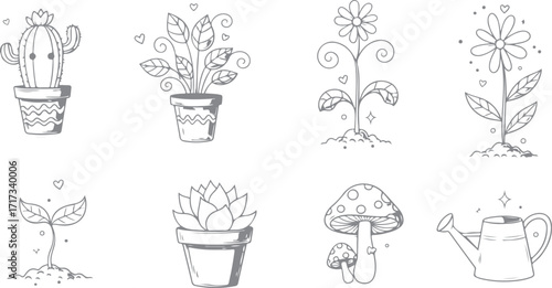 Cute HandDrawn Doodle Set Featuring Potted Plants Mushrooms and Watering Can Ideal for Gardening Themes and Nature Inspired Designs in Simple Black and White Style