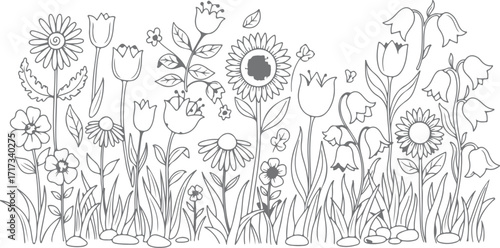Elegant Floral Line Art Composition with Tulips Daisies and Bluebells Creating a Serene Garden Scene for Coloring Pages or Designs