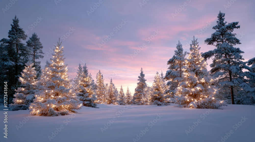 Obraz premium Serene winter landscape featuring forest of snow covered pine trees adorned with twinkling lights, creating magical atmosphere at dusk. soft glow contrasts beautifully with pastel sky