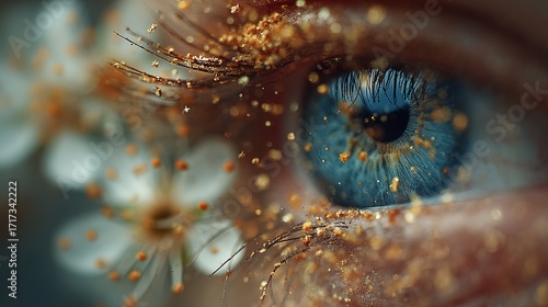 Pollen particles near irritated eye, blurred spring background, seasonal allergy discomfort
