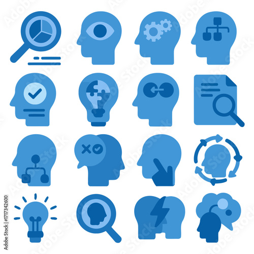 Mind's Eye: A visually engaging illustration featuring an array of heads, each representing different aspects of the human thought process, from insight and ideas to analysis and progress.