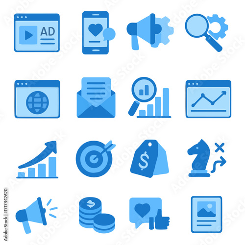 Digital Marketing Elements: A set of icon representing the key components of digital marketing, strategically organized to visually communicate the essence of online advertising and promotion.