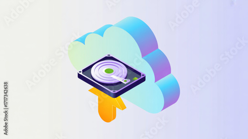 Cloud storage hard drive backup data transfer and recovery service technology concept illustration