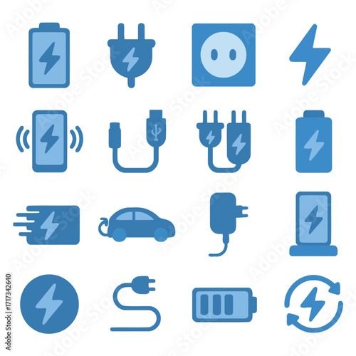 Energy Icons: A vibrant collection of energy-related icons, depicting batteries, charging plugs, power outlets, and other electric symbols, are displayed in a dynamic arrangement.