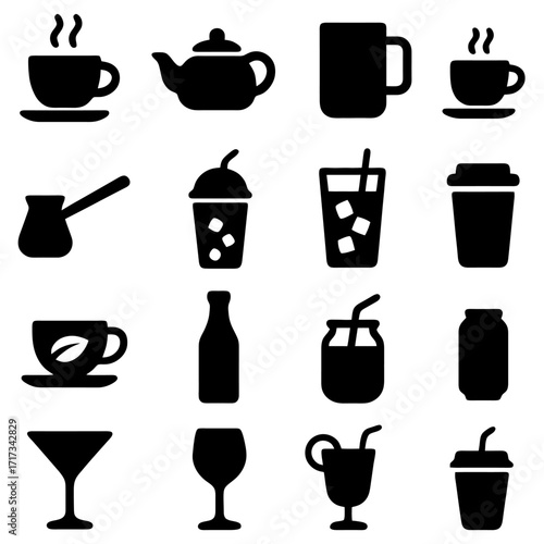 Variety of Beverages: An array of iconic drink silhouettes, depicting coffee, tea, and various other beverages, evoke a sense of refreshment and social gathering.