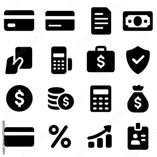 Financial Essentials: A detailed illustration of diverse financial icons, capturing the core elements of modern banking and commerce in a clean, monochromatic style.
