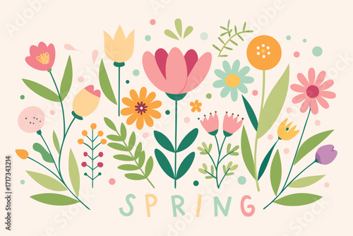 Bright Spring Flowers Illustration With Colorful Blooms, Leaves, and Playful Lettering Spelling Spring