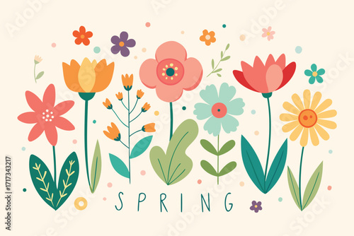 Bright Spring Flowers Illustration With Colorful Blooms, Leaves, and Playful Lettering Spelling Spring