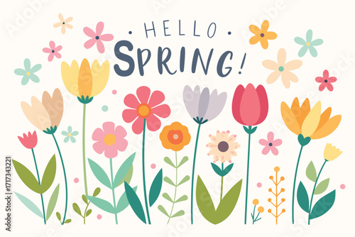 Hello Spring: Colorful Flower Garden Illustration With Playful Letters And Bright Cheer
