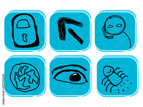 Six hand-drawn icons on a blue background depict a padlock, a bent arrow
