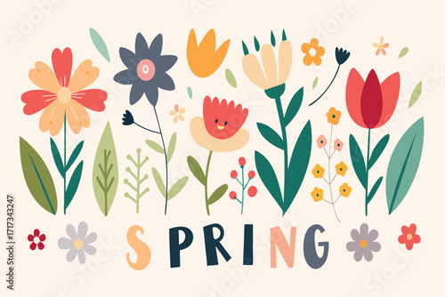Bright Spring Flowers Illustration With Colorful Blooms, Leaves, and Playful Lettering Spelling Spring