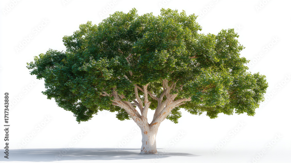 Obraz premium Sycamore tree with wide canopy stands isolated against white background, showcasing its lush green leaves and sturdy trunk, evoking sense of tranquility and nature beauty