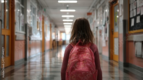 Wallpaper Mural Child walks alone down a school hallway with a pink backpack on a typical school day Torontodigital.ca